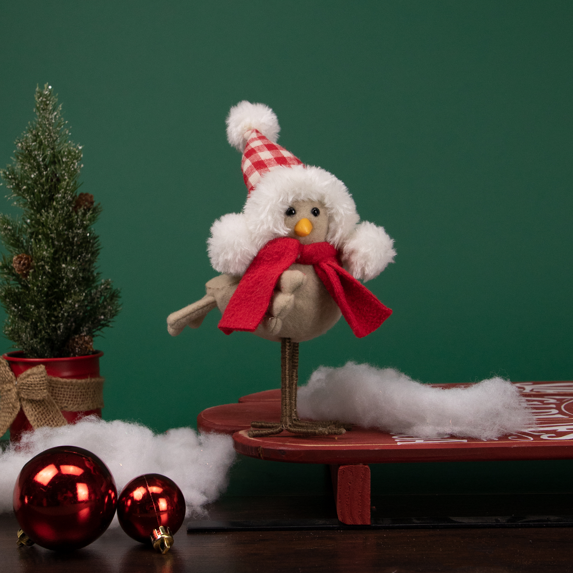 8.25" Standing Beige Bird with Red Scarf and Hat Tabletop Decoration