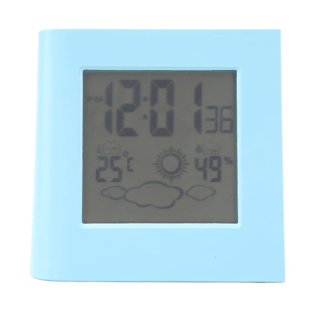 Reloj despertador con energía solar y doble batería, pronóstico del tiempo, temperatura y humedad, color azul.