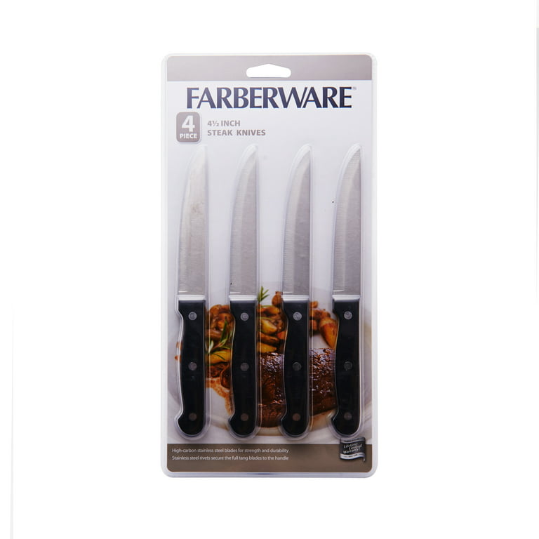 Farberware 4-Piece Full-Tang Triple Rivet 'Never Needs Sharpening'  Stainless Steel Steak Knife Set, Black