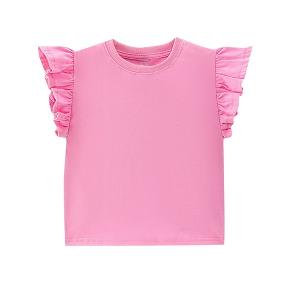 Fesfesfes Girls Ruffle Sleeve Shirts Summer Crewneck Solid Color Tee Tops Teens Girls Casual Cute Loose Blouse 2-13 Years(Hot Pink,6 Years)