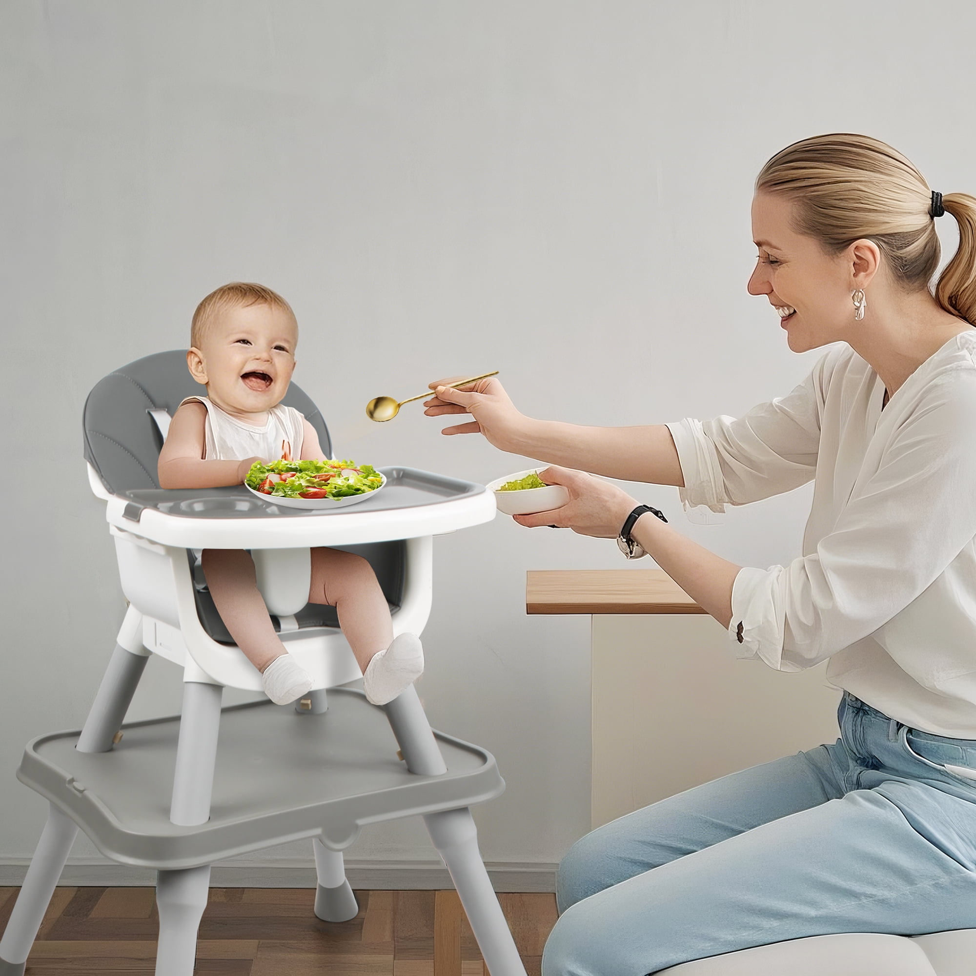 4 in 1 Baby High Chair, Toddler Chair with Removable Tray, Convertible High Chairs for Babies and Toddlers, Kids Learning Table, Building Block Table, Dining Booster Seat with Safety Harness, Gray