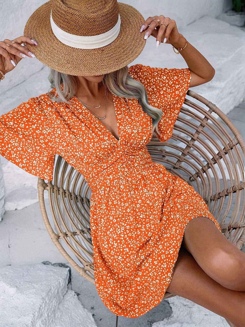 Women Summer Casual Floral Print Short Flutter Sleeve Mini Dress Casual Sundress V Neck Sun Dresses Orange Color XXL