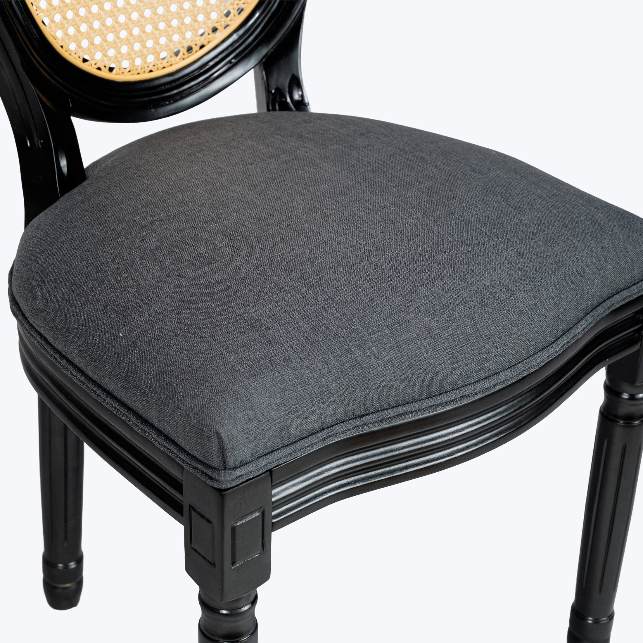 Noble House Caldon French Country Upholstered Dining Chairs with Solid Wood Frame and Rattan Back, Dark Gray, Set of 2