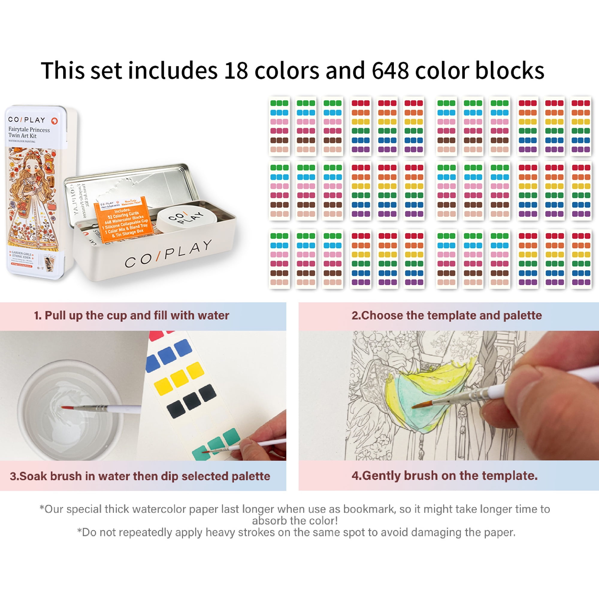 COIPLAY: Watercolor Painting Art Kit - Fairytale Princess - Tin Box, 52 Character Bookmarks, 648 Color Blocks, 3 Brushes, Silicone Cup, Adults-Kids 6+