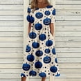 thumbnail image 3 of Women's Halloween Print Round Neck Dress with Pockets Short Sleeve Loose Midi Casual Dress Plus Size for Autumn Daily Wear Party Blue S, 3 of 6