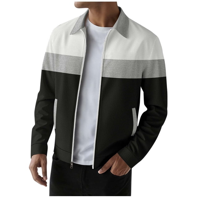 Mens Long Cardigan Color Blocked Lapel Zipper Cardigan Jacket Outdoor Work Sports