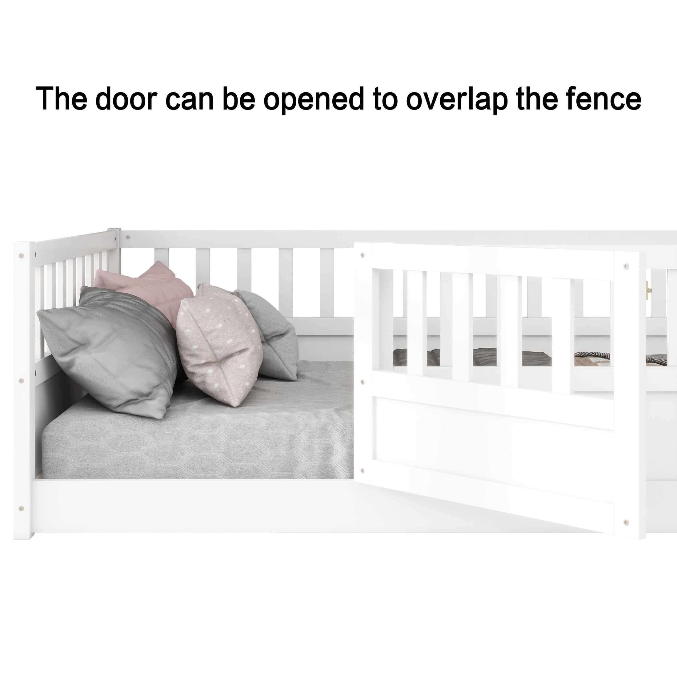 Noble House Twin Size Montessori Floor Bed with Safety Guardrails and Door, Wood Kids Bed Frame, White