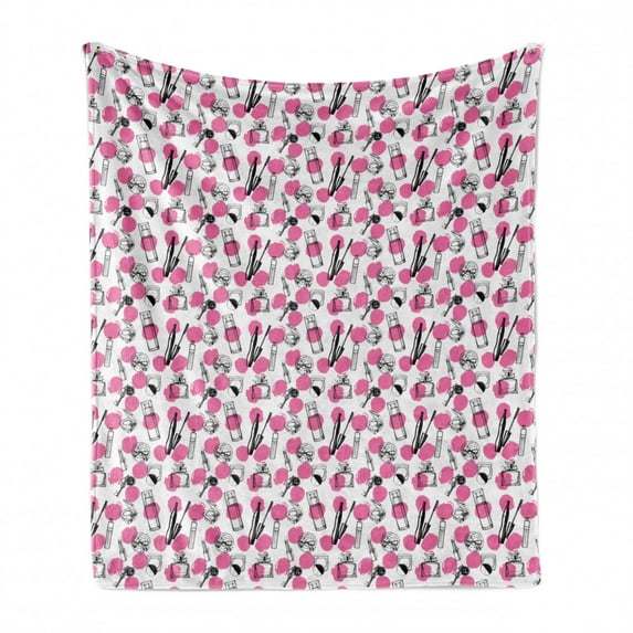 Feminine Soft Flannel Fleece Blanket, Repetitive Perfume Lipstick Makeup Care Items with Sketchy Dots Print, Cozy Plush for Indoor and Outdoor Use, 50" x 60", Pink and Charcoal Grey, by Ambesonne