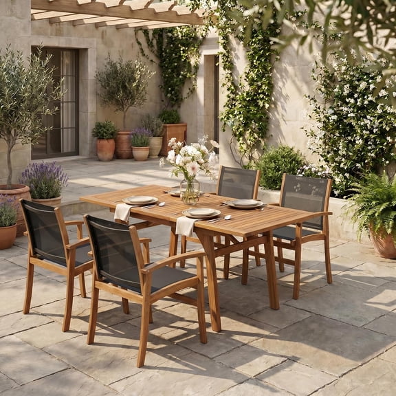 JOIVI Expandable Wooden Outdoor Dining Set of 5, with Textilene Fabric Chairs, Wood Table with Umbrella Hole, Ideal for Garden/Backyard/Deck, Black