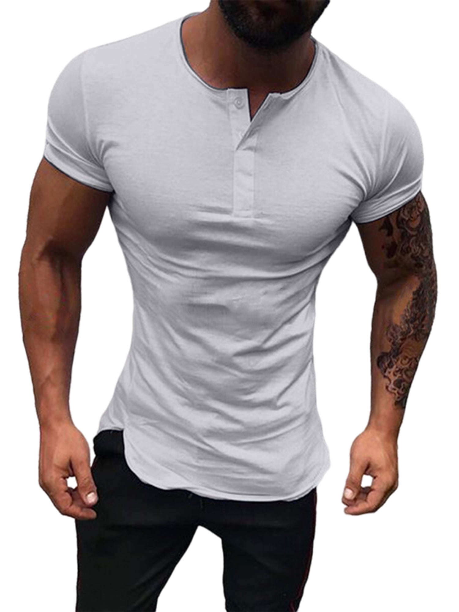 Muscle Alive Mens Summer Casual Short Sleeve Henleys T-Shirt Single Button Placket Plain v Neck Shirts