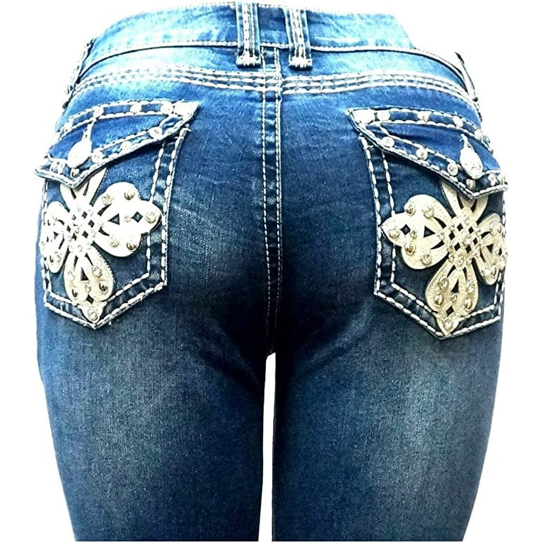 Jack David Women's Rhinestone Mid Rise Bootcut Stretchy Denim