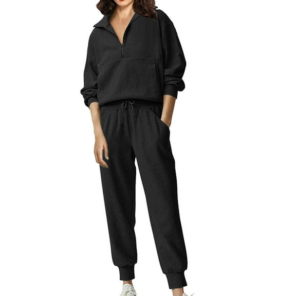 FADAACAI Women's Sweat Suits 2 Piece Set,Women's Fashion Set d Half Zip Sweatpants Casual Suit Sweatshirt Set,Joggers for Women 2 Piece Set,Two Piece Sets for Women Fall Black L Clearance!
