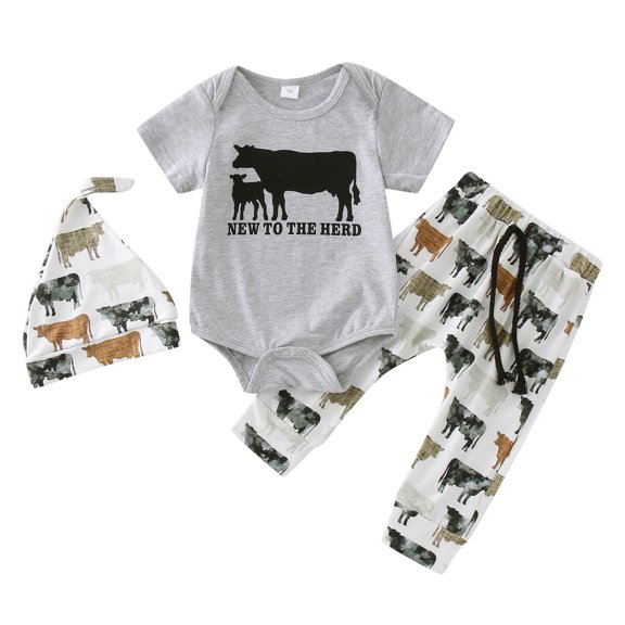 Baby Boy Clothes Summer Casual Outfit Sets Short Sleeve Romper Bodysuit Cartoon Cow Prints Pants Hat 3 Pieces Grey Brother Matching Outfits 6-12M