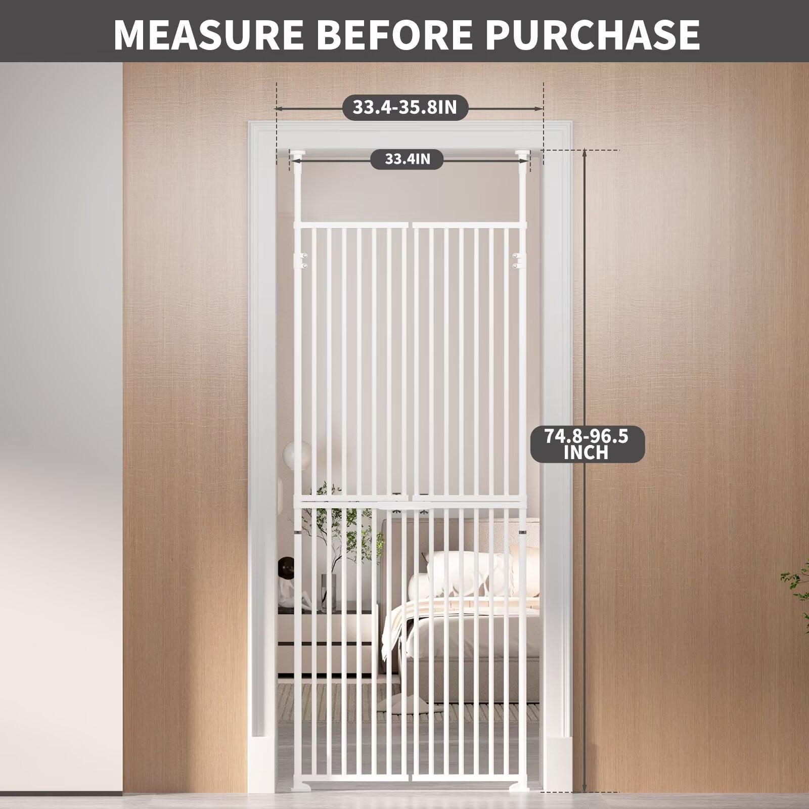 Lilypelle Extra Tall Steel Pet Gate, Adjustable 33.4-35.8 Inch Wide, 74.8-96.5 Inch Tall, Pressure Mounted, Walk-Through Swing
