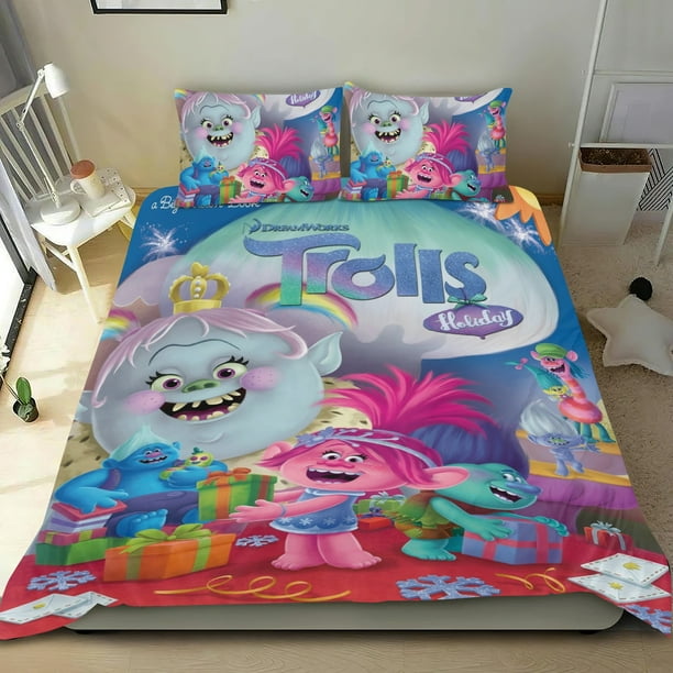 Trolls Conjunto de sábanas temático, trío de piezas, cómodo y amigable con la piel, diseño único, regalo de decoración para el hogar para familiares, amigos y fans, 90 cm * 190 cm