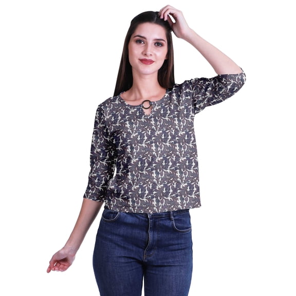 Moomaya Printed Keyhole Neck Ring Top Casual 3/4th Sleeve Tees Tank Tunic Top