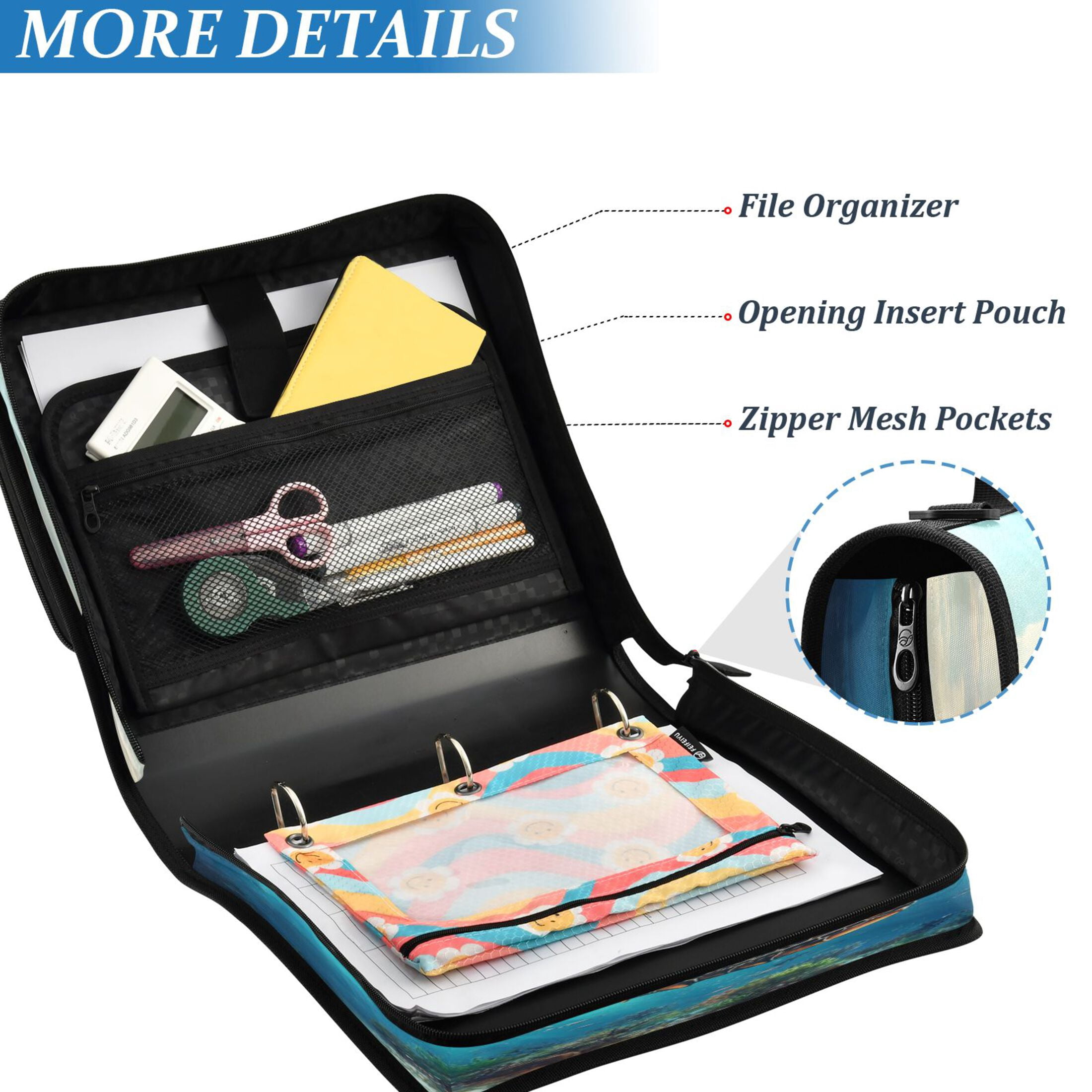 Water-Resistant 3-Ring Binder Organizer with Multiple Pockets Zipper Binder Bag for Office Sea Turtle Carrying Island