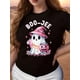 thumbnail image 1 of Halloween T-Shirt, Casual Round Neck, Slightly Stretchy, Pink Halloween Details, Short Sleeves, Knitted Fabric, Regular Length - 100% Cotton Top, Suitable For Spring And Summer, 1 of 6