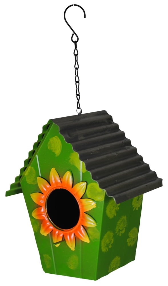 Metal Bird House with Tin Roof and Flower Green/Yellow