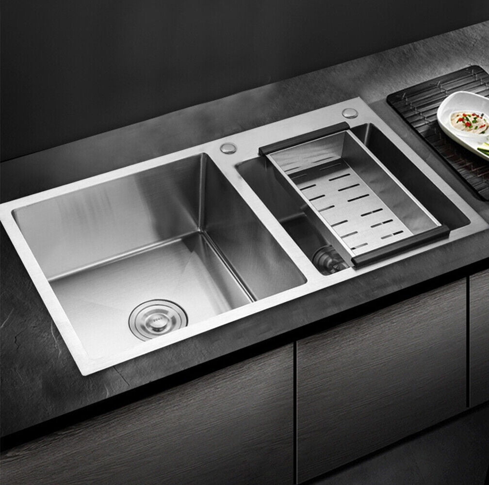 DENSET Silver Stainless Steel 30in Square Double Bowl Sink