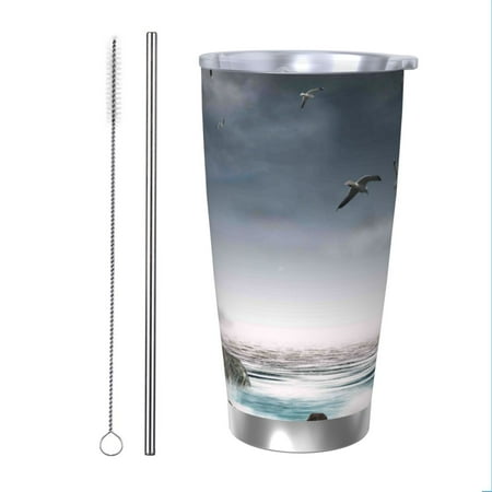 

Zeuib 3d Lighthouse in the Surf Printed 20oz Stainless Steel Insulated Car Cup Stainless Steel Thermal Cup Vacuum Insulated Leak-proof Travel Mug Cup-Straw Two-piece Set