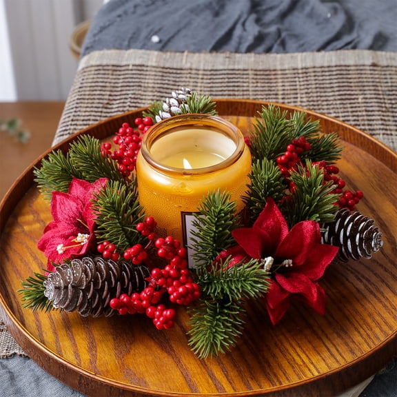 Christmas Artificial Candle Ring Wreath, Simulated Flower Centerpiece, Small Holiday Decorative Garland, Ornament for Home Dining Table Wedding Party Decoration