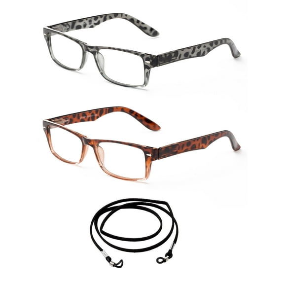 2 PairNewbee Fashion - "Tilac" Slim Fit Vintage Style Two Tone Reading Glasses with Landyard,1 Gray & 1 Tortoise 1.50