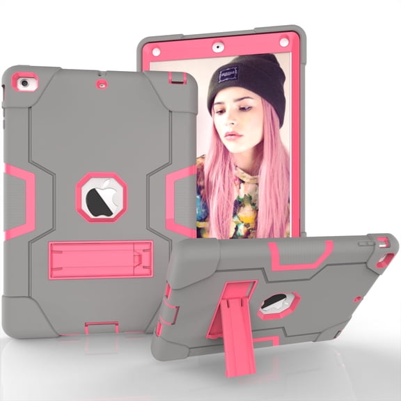 Allytech iPad Air Case, iPad A1474/A1475/A1476 Kids Proof Case,Three Layer Heavy Duty Shockproof Armor Defender Protective Case Cover with Kickstand for Apple iPad Air 1st 2013 (Grey/Rosegold)