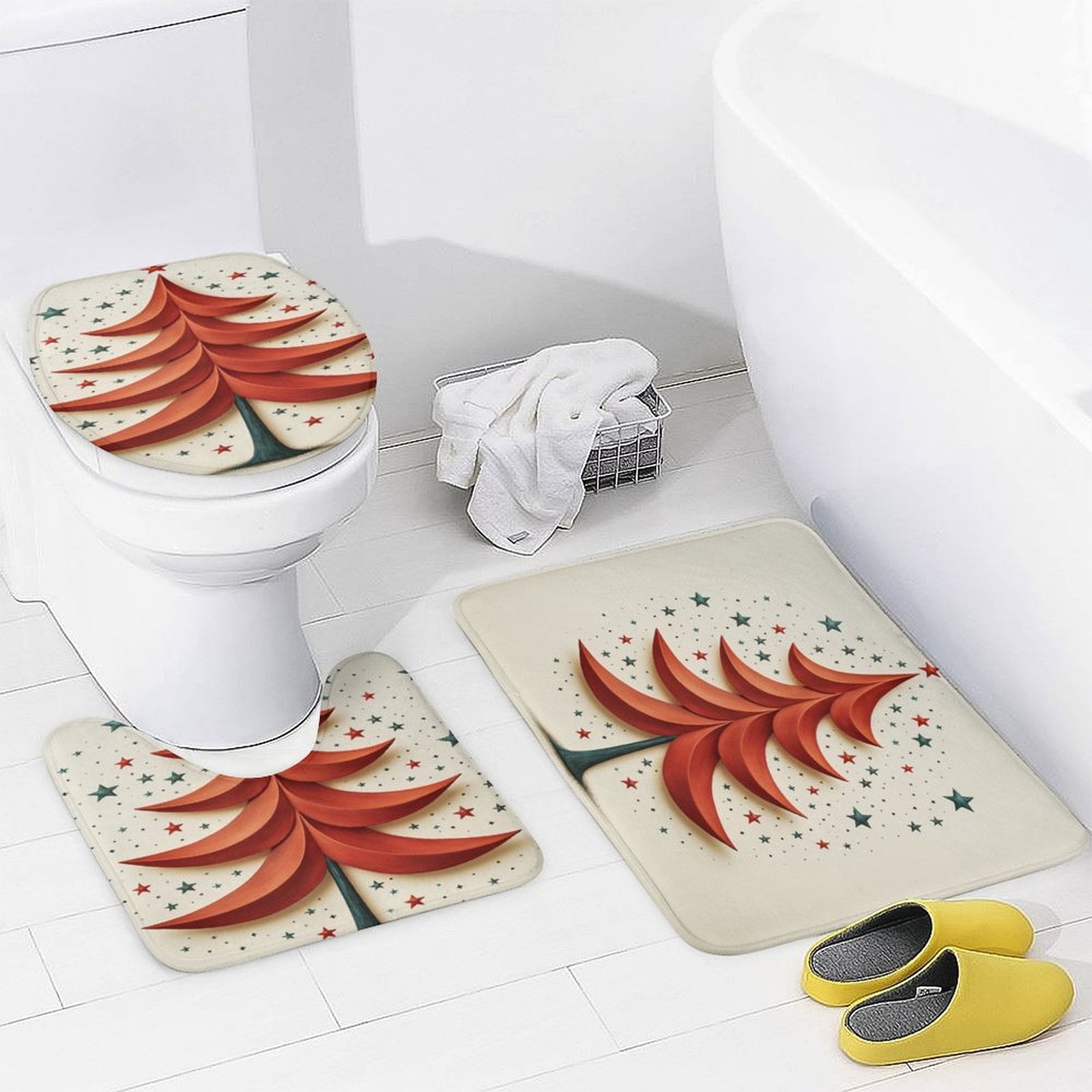 Christmas Tree Red Star Clean Simple Shower Curtain Sets 4 Piece Bath Mat U-Shaped Floor Mat Toilet Lid Oval Rug Hello Winter Waterproof Shower Curtain for Bathtub Decor