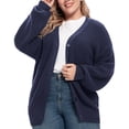 thumbnail image 2 of Women Chunky Knit Cardigan Long Sleeve V Neck Button Up with Pocket Sweater Coat for Fall and Winter Dark Blue XXL, 2 of 8