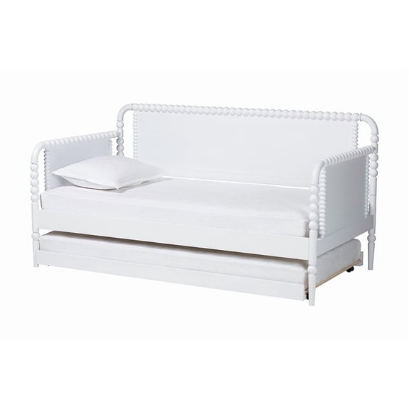 Baxton Studio Lucera Bobbin Daybed with Rolling Trundle - Wooden Bed Frame with Turned Spindle Detailing, Classic Style Sofa Bed for Bedroom or Guest Room, Twin, White
