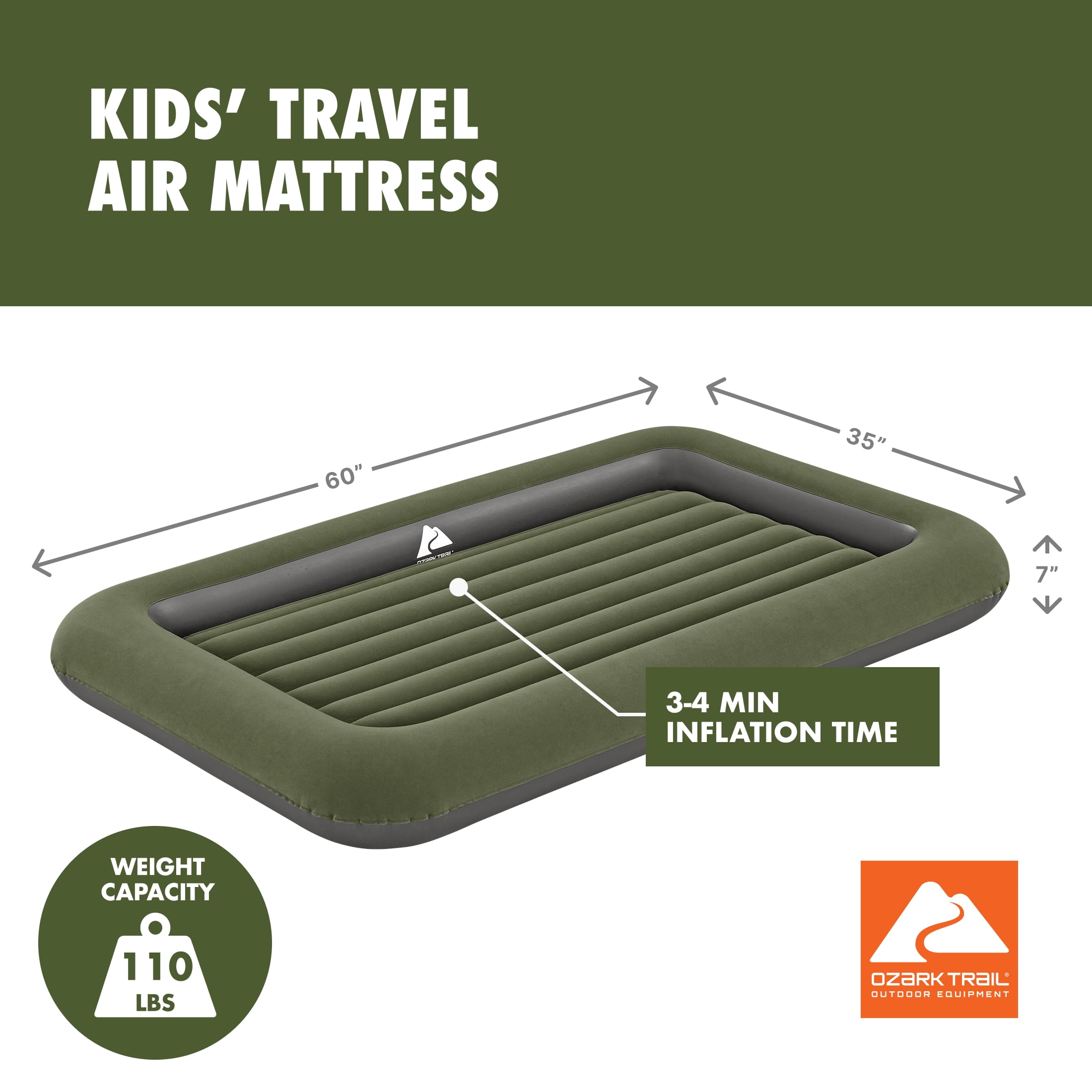 Ozark Trail Kids Air Mattress, Indoor/Outdoor Air Bed, Blow up Mattress Without Pump