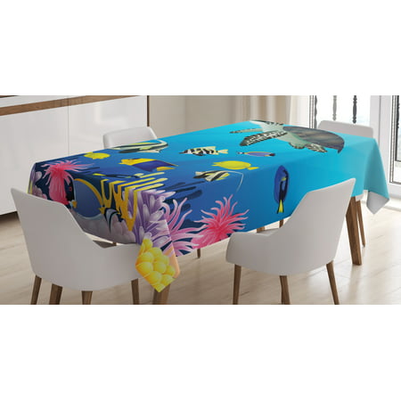 Ocean Tablecloth, Sea Turtle Putterfish Clownfish Swimming Subaquatic Tropical Life Fins Seaweed Print, Rectangular Table Cover for Dining Room Kitchen, 60 X 84 Inches, Multicolor, by