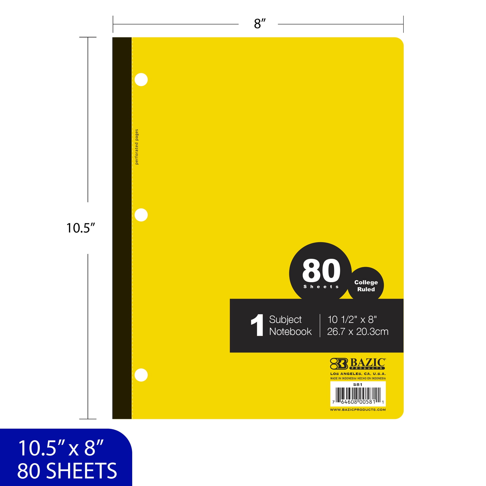 Bazic Products 581 Wireless Notebooks, 1-subject, Medium/college Rule, Randomly Assorted Cover Color, (80) 10.5 X 7.5 Sheets