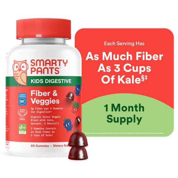 SmartyPants Kids Fiber & Veggies Supplement Gummies, Mixed Berry, 60 Count