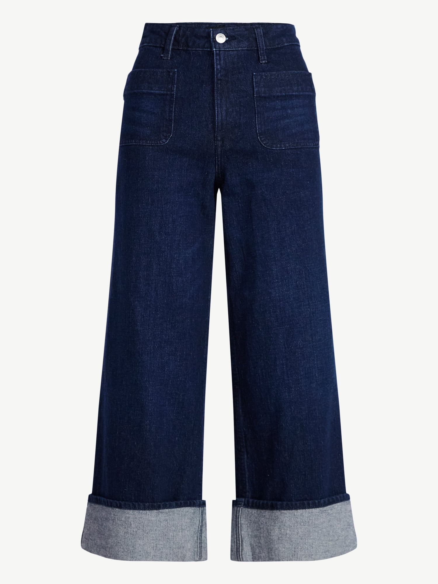 Free Assembly Women’s High Rise Cuffed Jean Pants with Patch Pockets, 30" Inseam, Sizes 0-28W