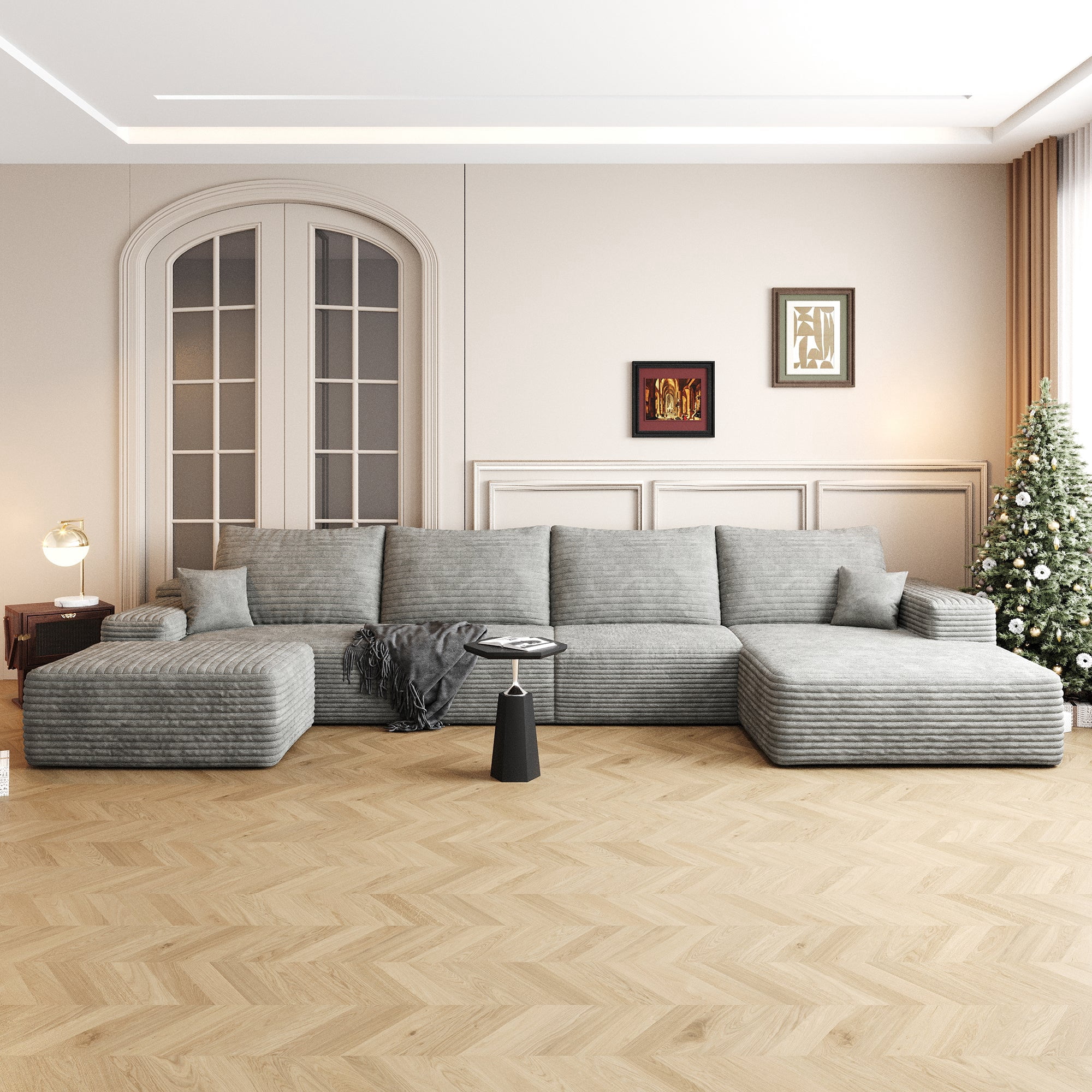 Sailvan 135" Cloud Sectional Couch, Cloudy Sofa with L-Shape Chaise & Ottoman, Upholstered Couches for Living Room & Bedroom, No Assembly Required, Plush Corduroy Fabric, Gray