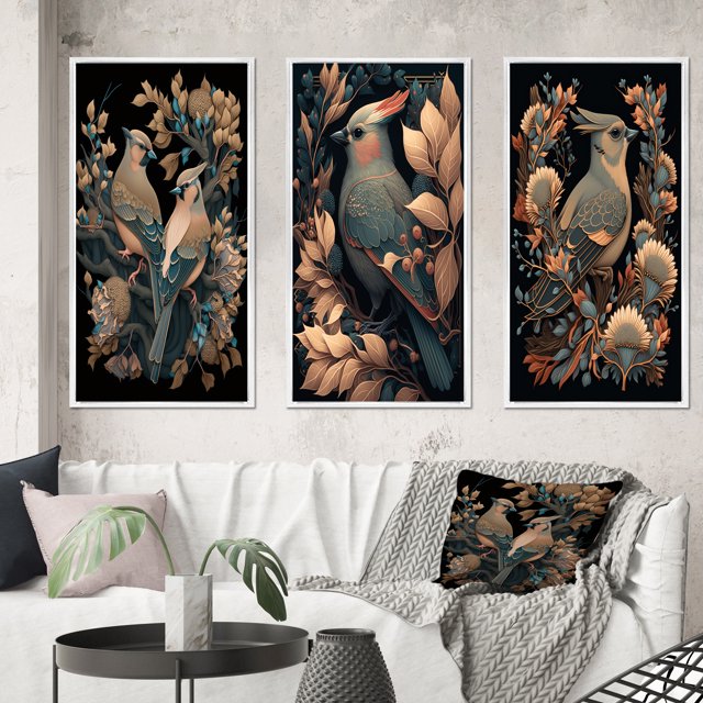 Designart "Faded Retro Tones Cardinal Bird II" Animals Bird Framed Wall Art Set Of 3 - Red Bird Frame Canvas Set For Living Room Decor