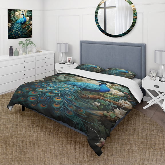 Designart "Blue Peacock Monochrome" Animals Bedding Covert Set - Peacock Teal Children's Art Bed Set With 2 Shams