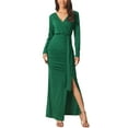 thumbnail image 2 of INSPIRE CHIC Women's Maxi Bodycon Dress V Neck Long Sleeve Side Slit Party Dress L Dark Green, 2 of 7