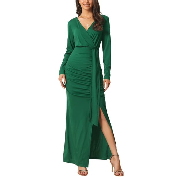 Juniors Long Sleeve Maxi Bodycon Dresses V Neck Draped Front Ruched  Cocktail Party Dress with Slit L Dark Green - Walmart Business Supplies