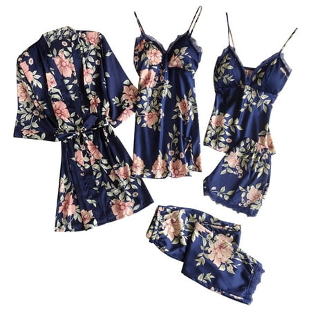 

pajama set for women 5PC y Lace Satin Robe Bathrobe Trousers Shorts Lingerie Set Pajamas Sleepwear
