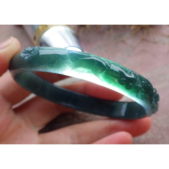 Certified Icy Green Burma 100% Natural A JADE Jadeite Rabbit Flower Coin Bangle Bracelet 60 mm 665398 TN