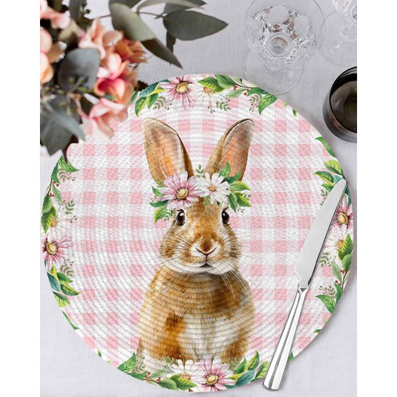 15 Inch Round Placemats Set of 4, Easter Bunny Non Slip Heat Insulation PP Table Mats, Spring Daisy Botanical Leaves Pink Plaid Washable Place Mats for Kitchen Dining Party Table Decor