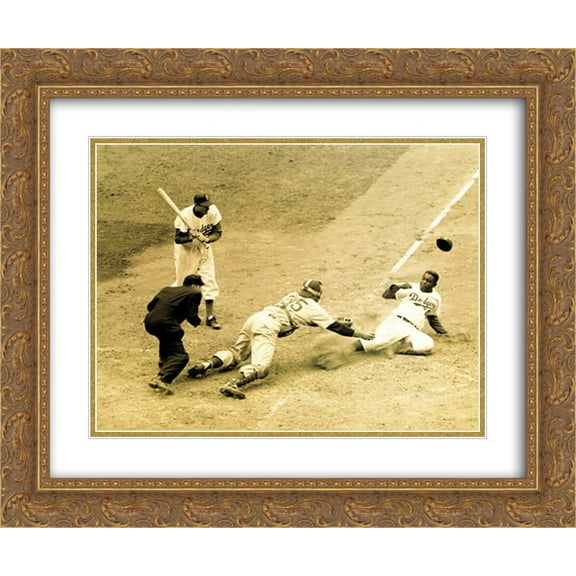 Jackie Robinson Stealing Home 2x Matted 24x20 Gold Ornate Framed Art Print