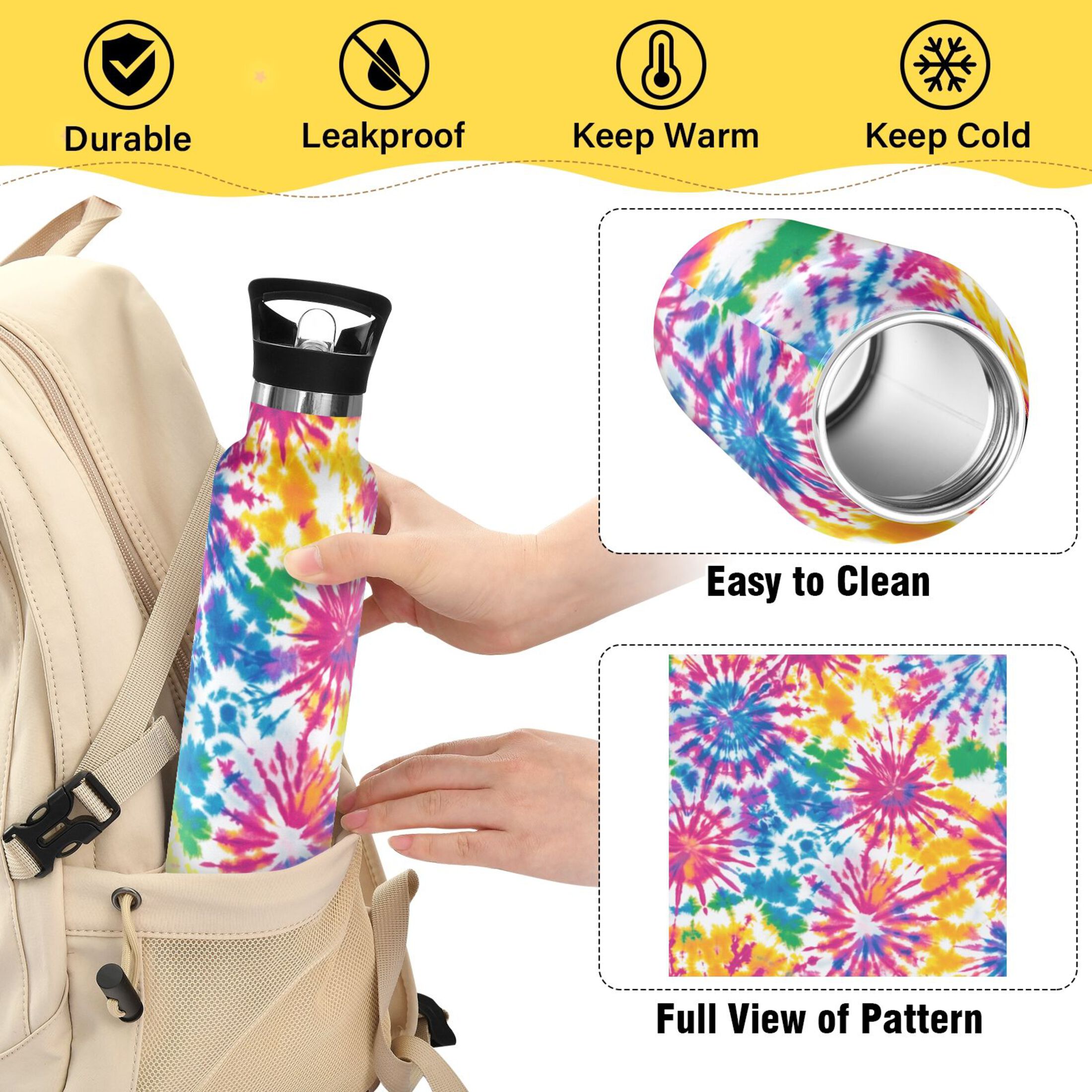 Kids Insulated Stainless Steel Sports Water Bottle 600ml (20oz) Tie-dye Pattern