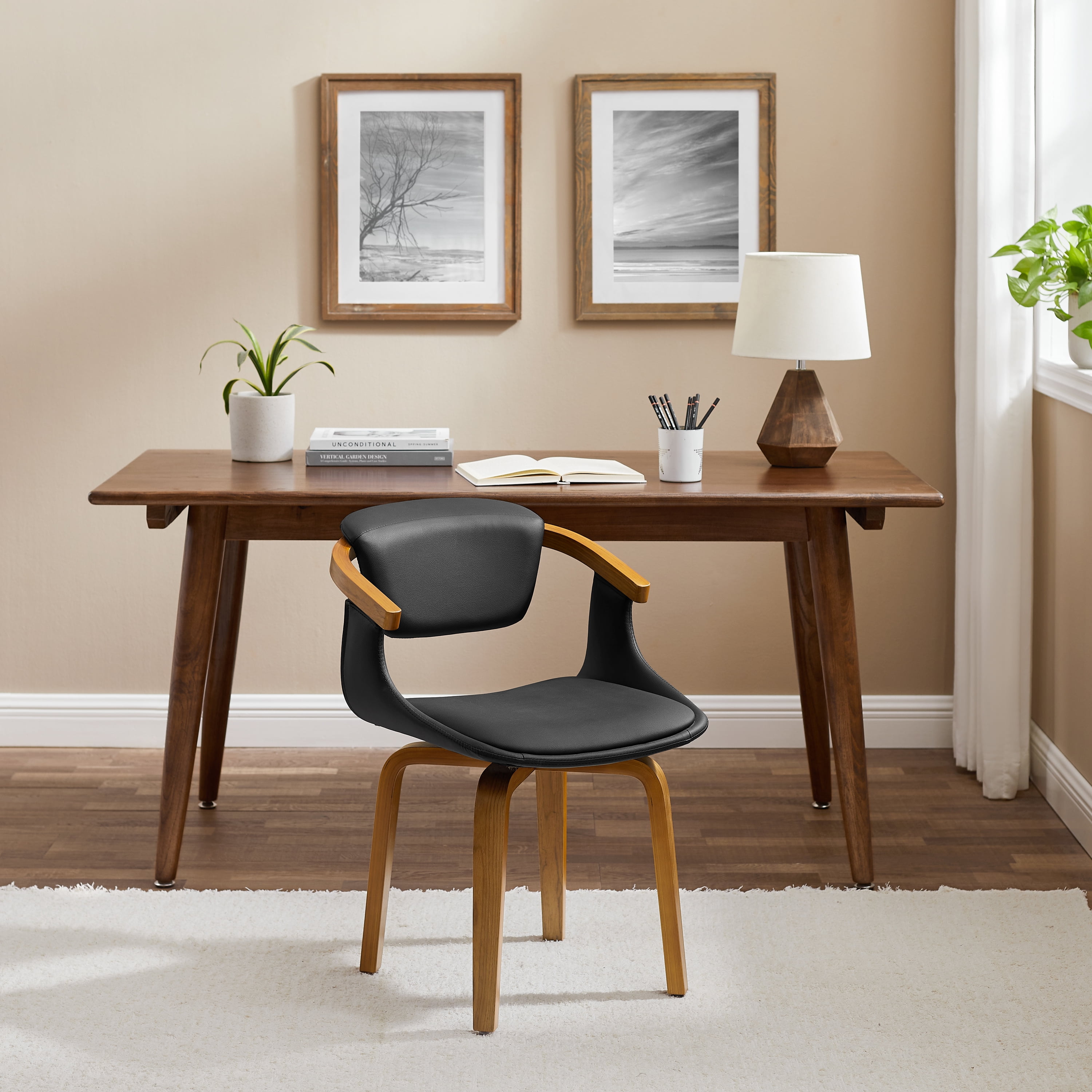 Art Leon Office Chair, Faux Leather Swivel Desk Chair with Wood Legs, Black