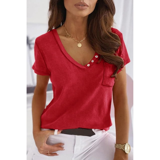Camiseta de manga corta con cuello en V, camiseta informal para mujer Camiseta de manga corta con cuello en V para mujer Materiales de la mejor calidad