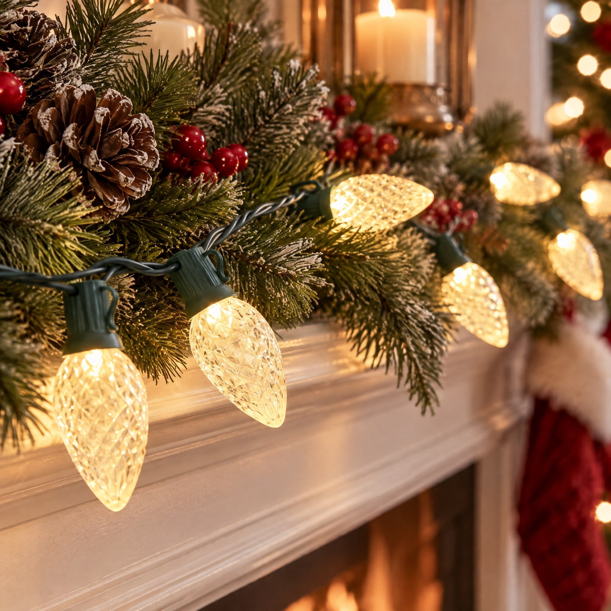 Indoor/Outdoor 100-Count LED Diamond-Cut C9 Christmas String Lights, Warm White, Green Wire, 58.5', by Holiday Time