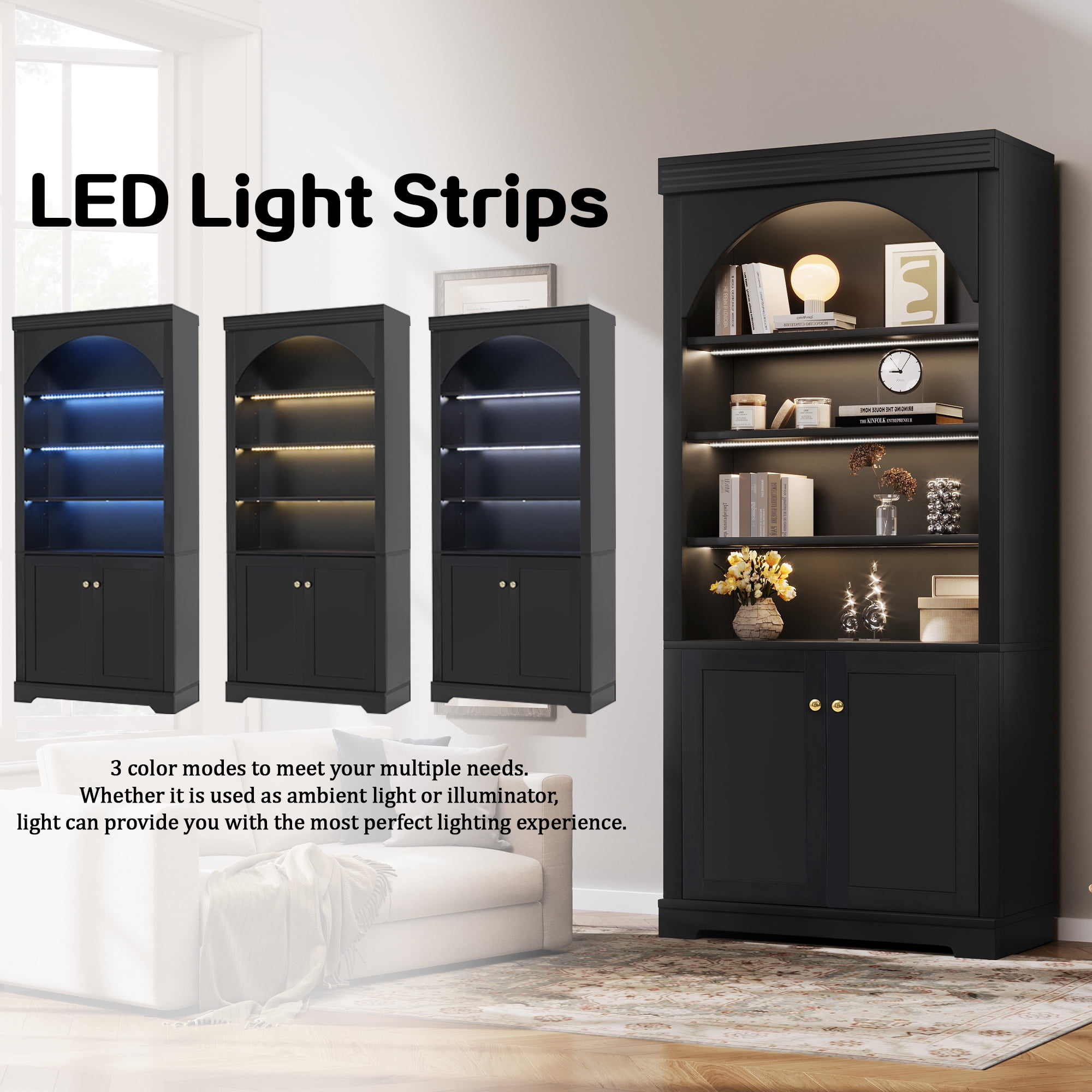 71" Tall Bookshelf Suite with 4-layer LED Lightings, 2 Piece Bookcase with Open Adjustable Shelves